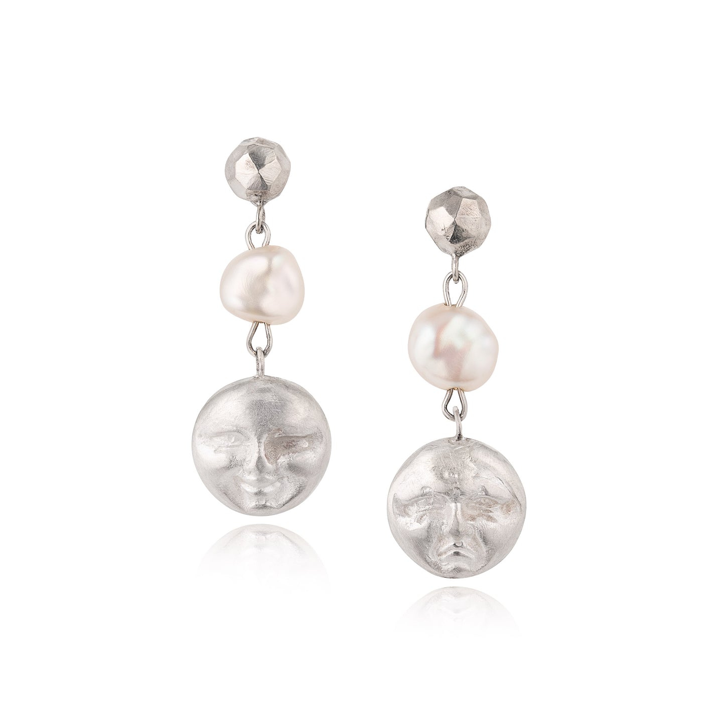 Silver Moon Faces and pearl Drop Earrings