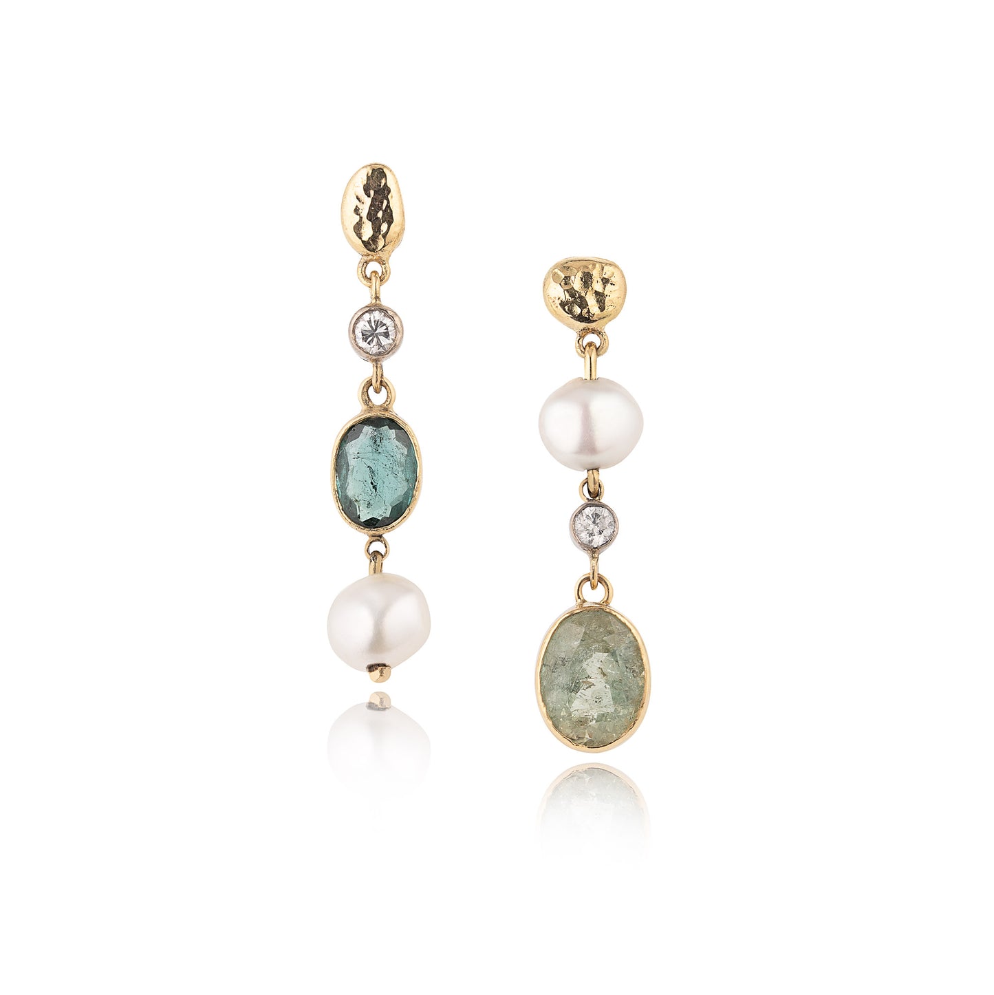 Asymmetric Tourmaline, Pearl and Diamond Drop Earrings