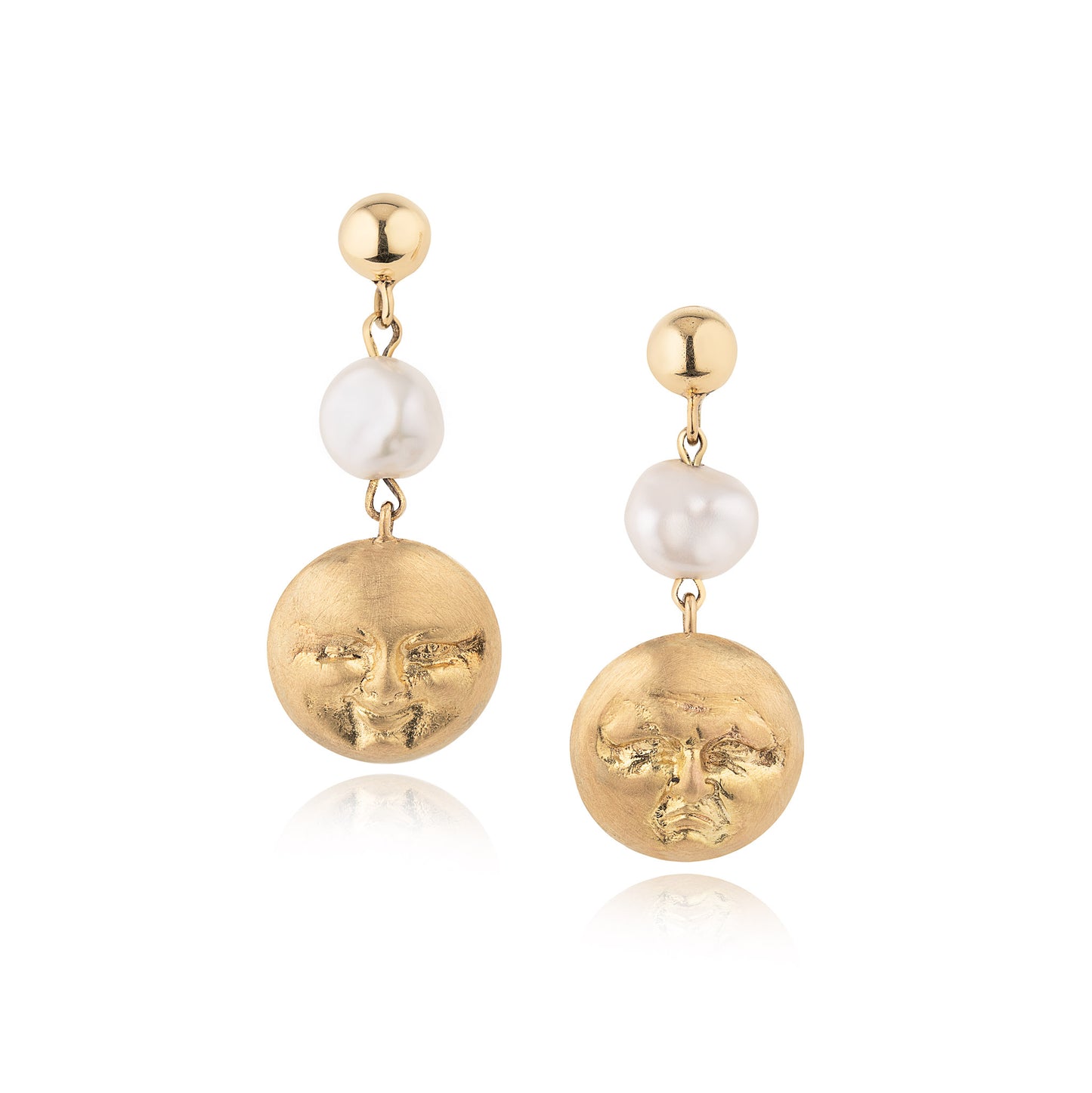 Gold Moonfaces and pearl Drop Earrings